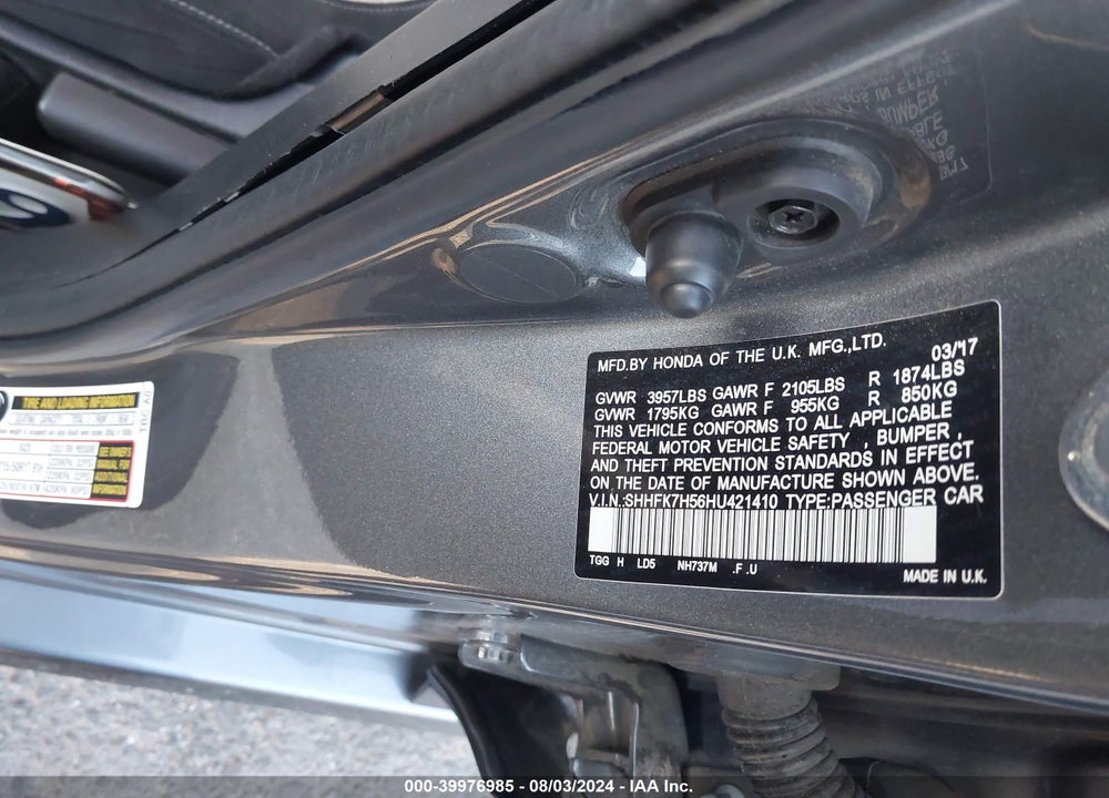 2017 HONDA CIVIC EX VIN: SHHFK7H56HU421410