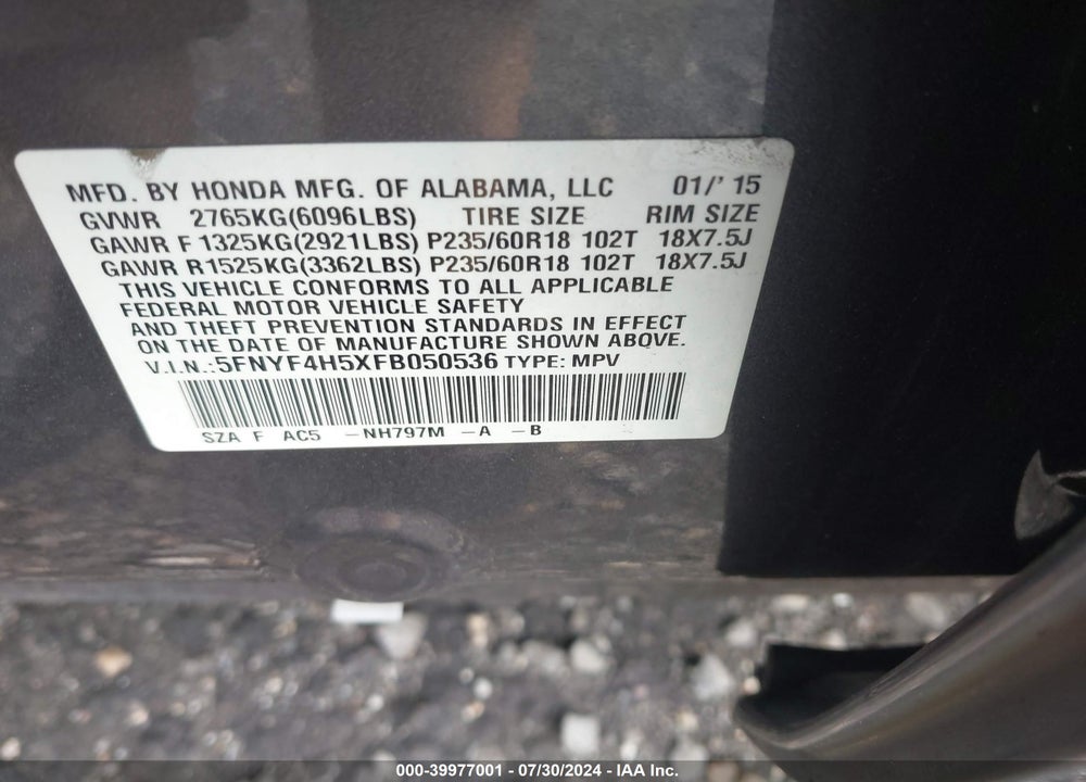2015 HONDA PILOT EX-L VIN: 5FNYF4H5XFB050536