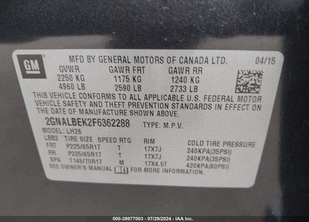 2015 CHEVROLET EQUINOX 1LT VIN: 2GNALBEK2F6362288