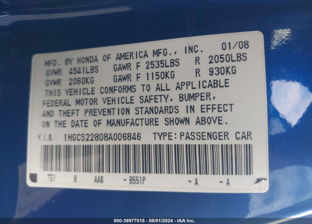 2008 HONDA ACCORD 3.5 EX-L VIN: 1HGCS22808A006846