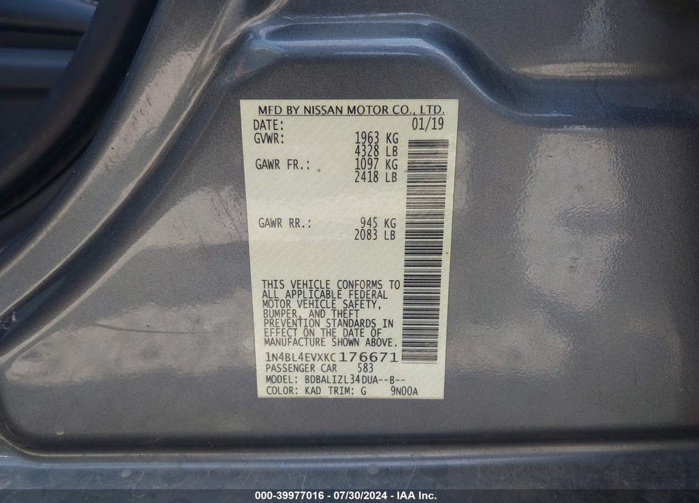 2019 NISSAN ALTIMA 2.5 SL VIN: 1N4BL4EVXKC176671