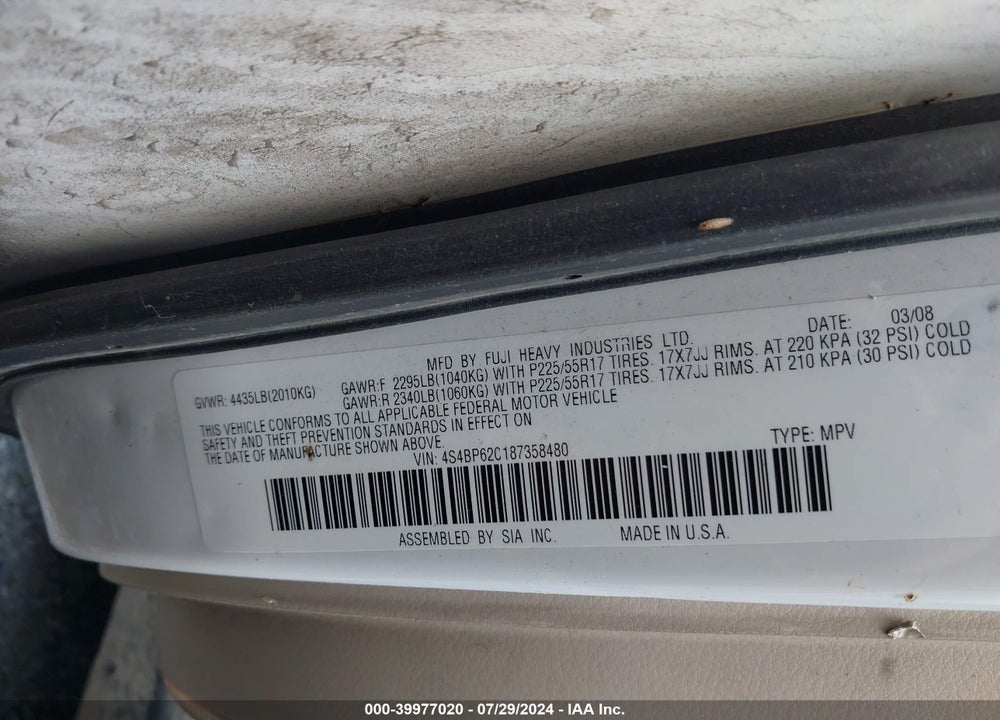 2008 SUBARU OUTBACK 2.5I LIMITED/2.5I LIMITED L.L. BEAN EDITION VIN: 4S4BP62C187358480