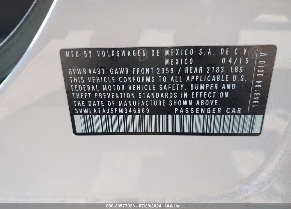2015 VOLKSWAGEN JETTA 2.0L TDI S VIN: 3VWLA7AJ5FM346669
