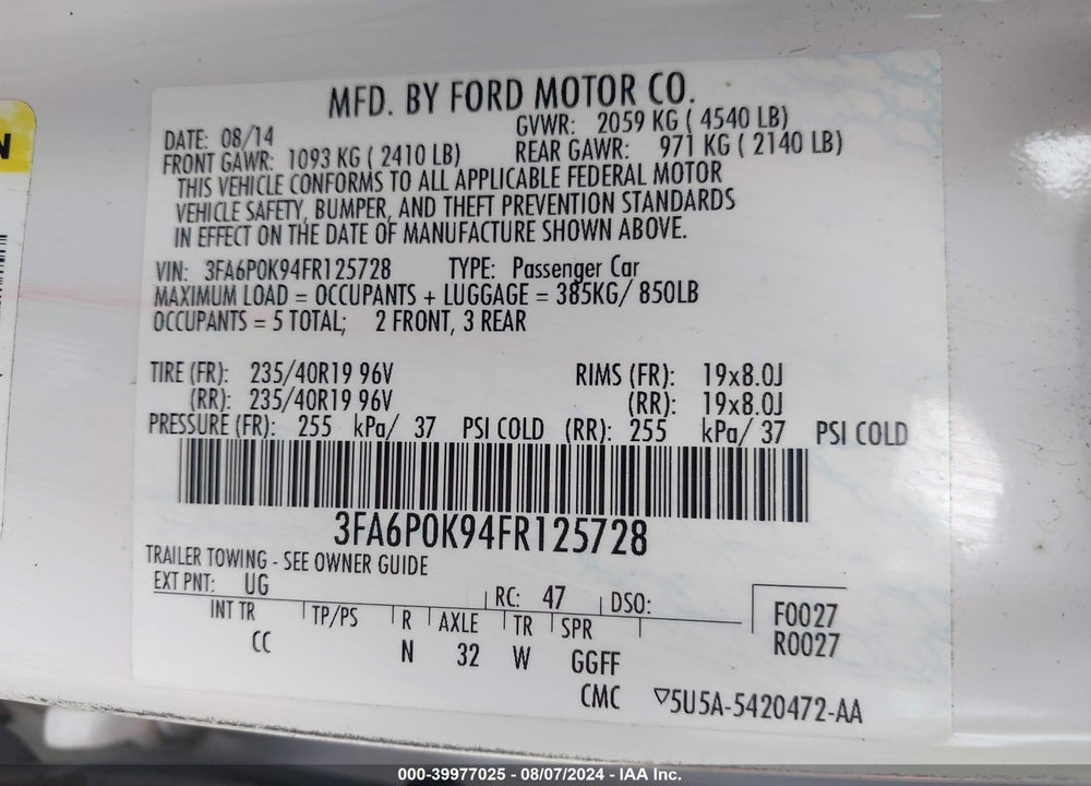 2015 FORD FUSION TITANIUM VIN: 3FA6P0K94FR125728