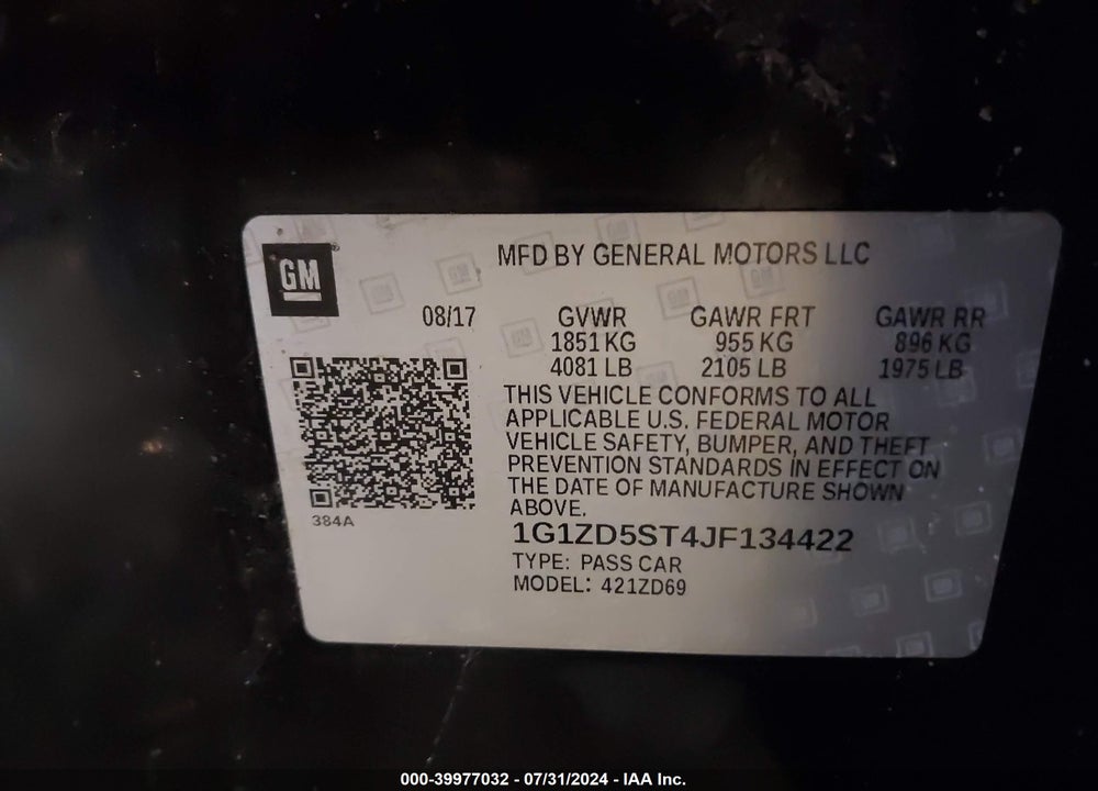 2018 CHEVROLET MALIBU LT VIN: 1G1ZD5ST4JF134422