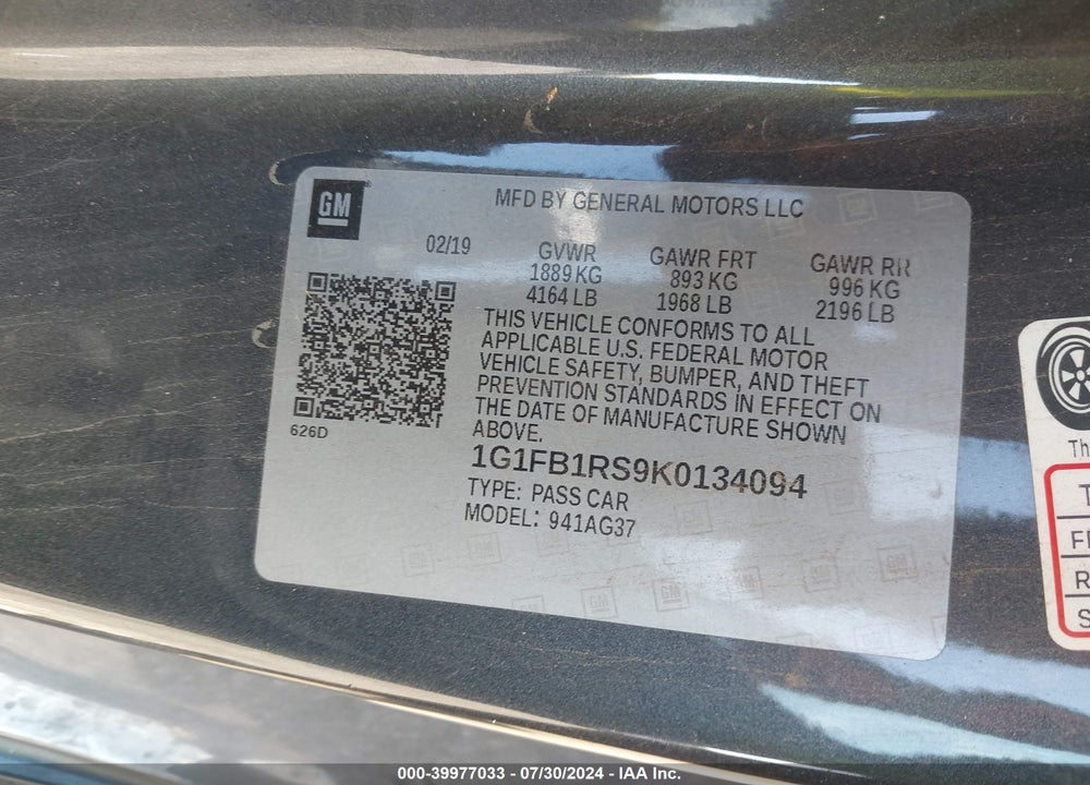2019 CHEVROLET CAMARO 1LT VIN: 1G1FB1RS9K0134094