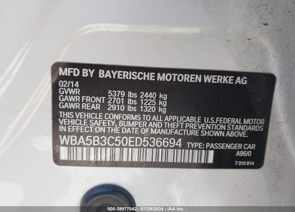 2014 BMW 535I XDRIVE VIN: WBA5B3C50ED536694