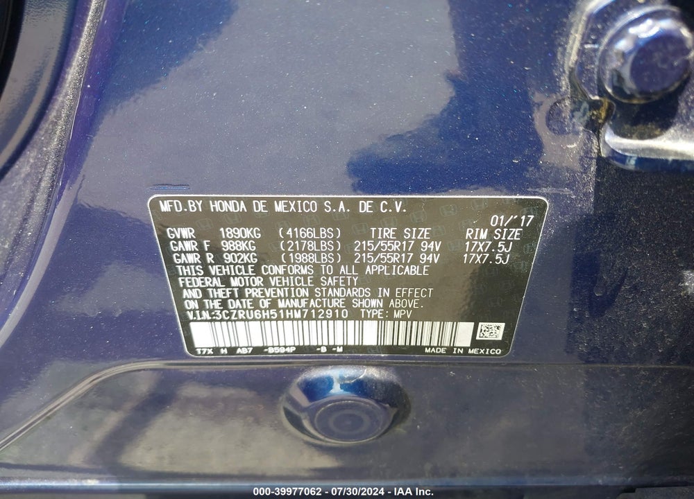 2017 HONDA HR-V EX VIN: 3CZRU6H51HM712910