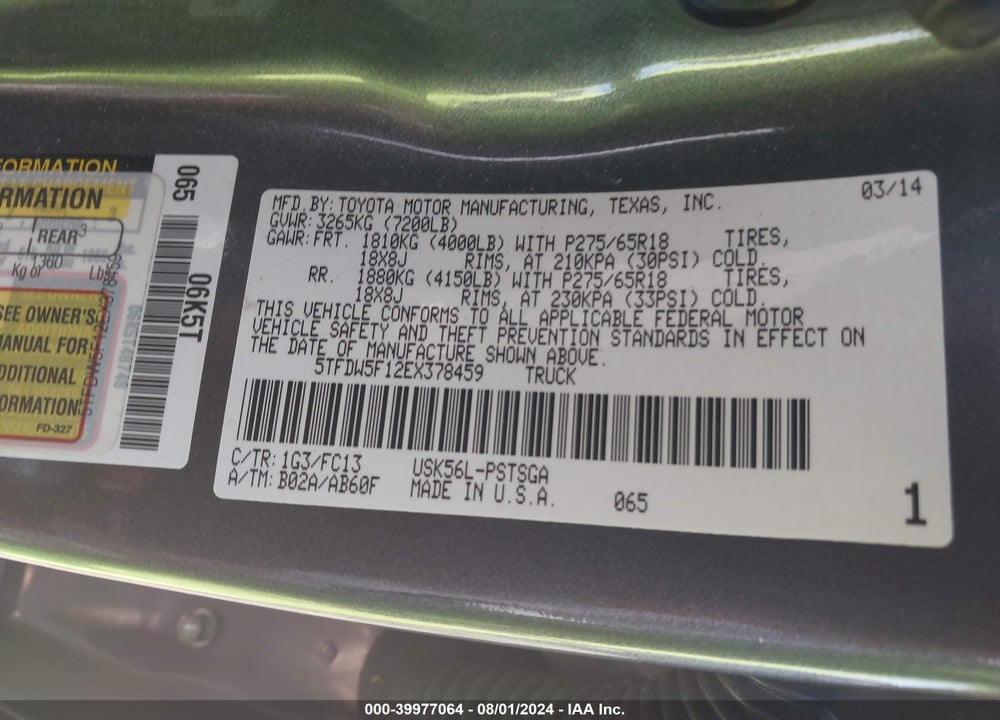 2014 TOYOTA TUNDRA SR5 5.7L V8 VIN: 5TFDW5F12EX378459