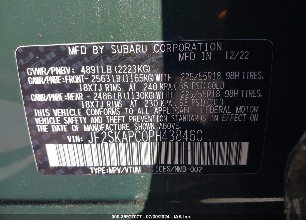 2023 SUBARU FORESTER LIMITED VIN: JF2SKAPC0PH438460