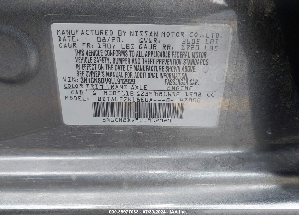2020 NISSAN VERSA S XTRONIC CVT VIN: 3N1CN8DV9LL912929