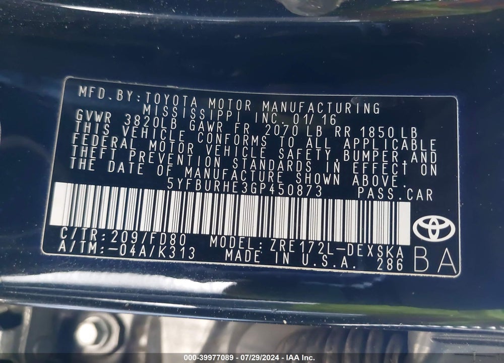 2016 TOYOTA COROLLA S PLUS VIN: 5YFBURHE3GP450873