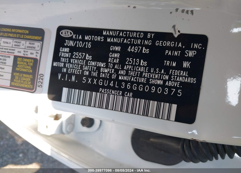 2016 KIA OPTIMA EX VIN: 5XXGU4L36GG090375