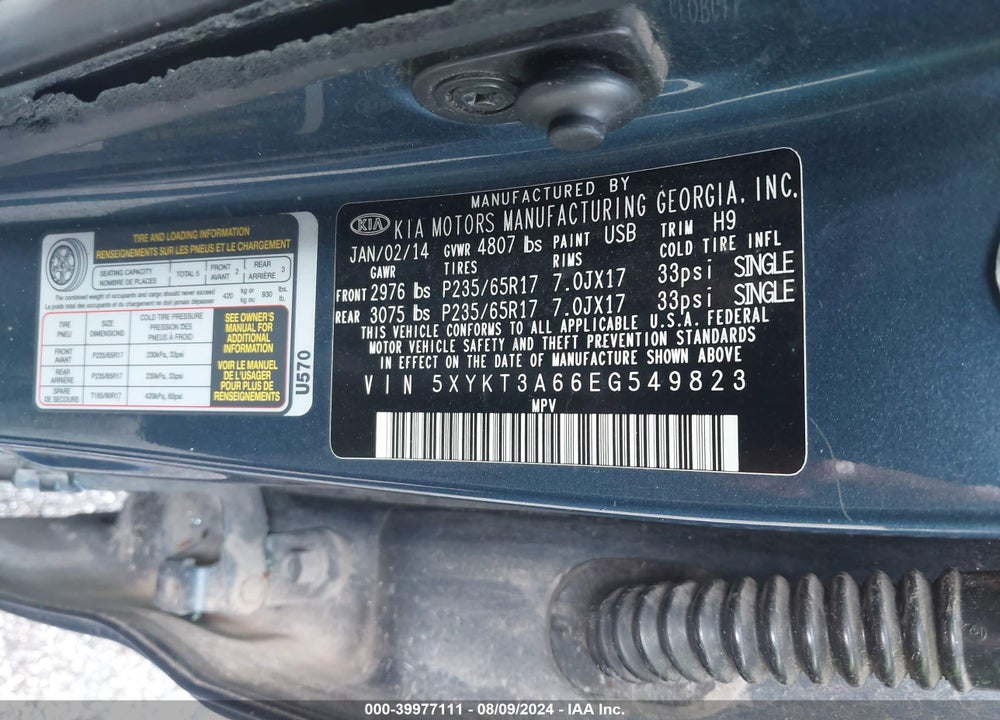 2014 KIA SORENTO LX VIN: 5XYKT3A66EG549823