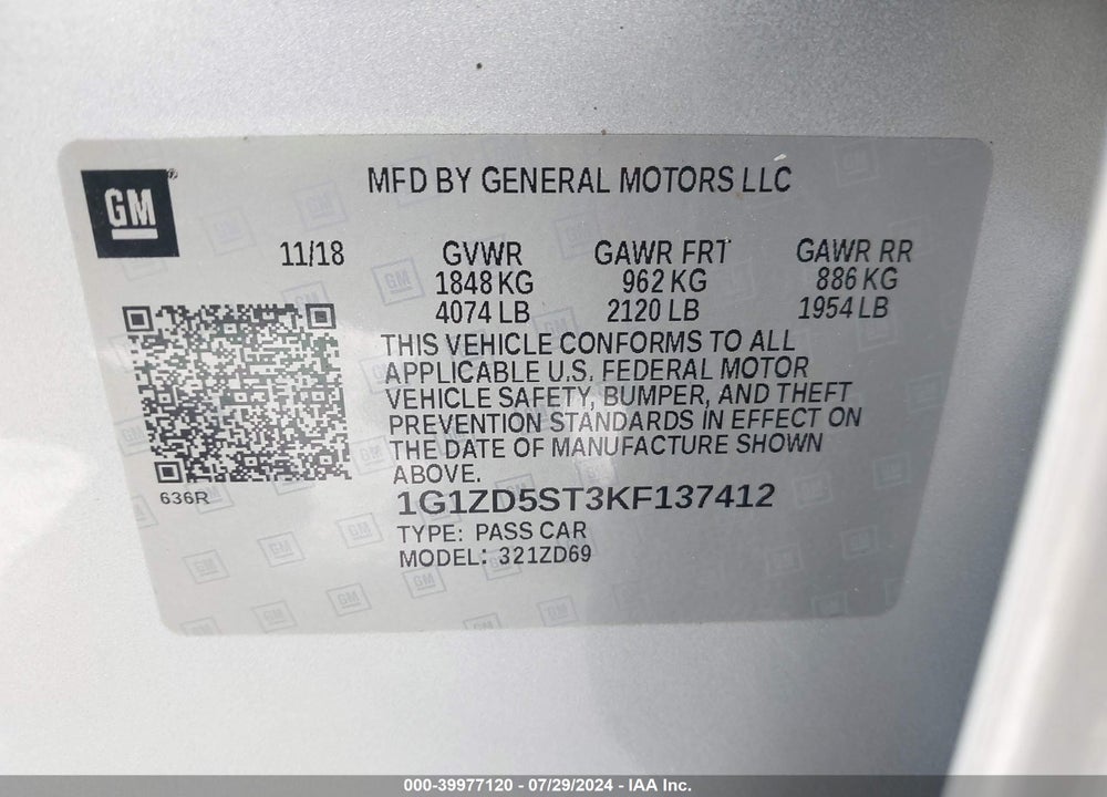 2019 CHEVROLET MALIBU LT VIN: 1G1ZD5ST3KF137412