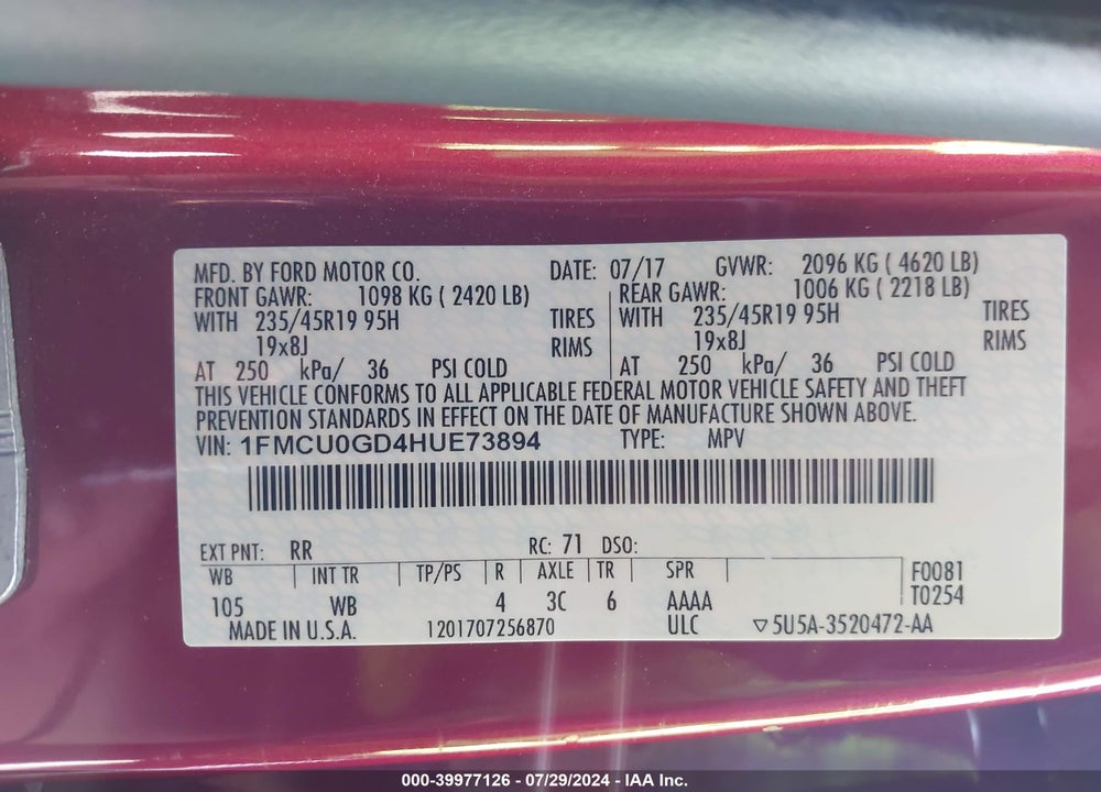 2017 FORD ESCAPE SE VIN: 1FMCU0GD4HUE73894