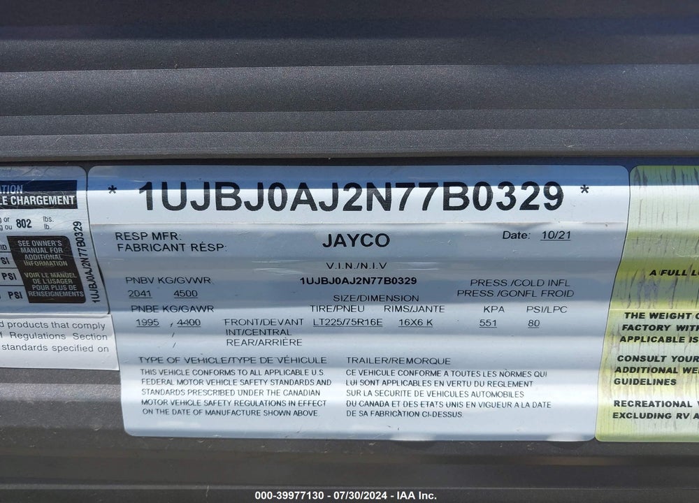 2022 JAYCO JAY FLIGHT VIN: 1UJBJ0AJ2N77B0329