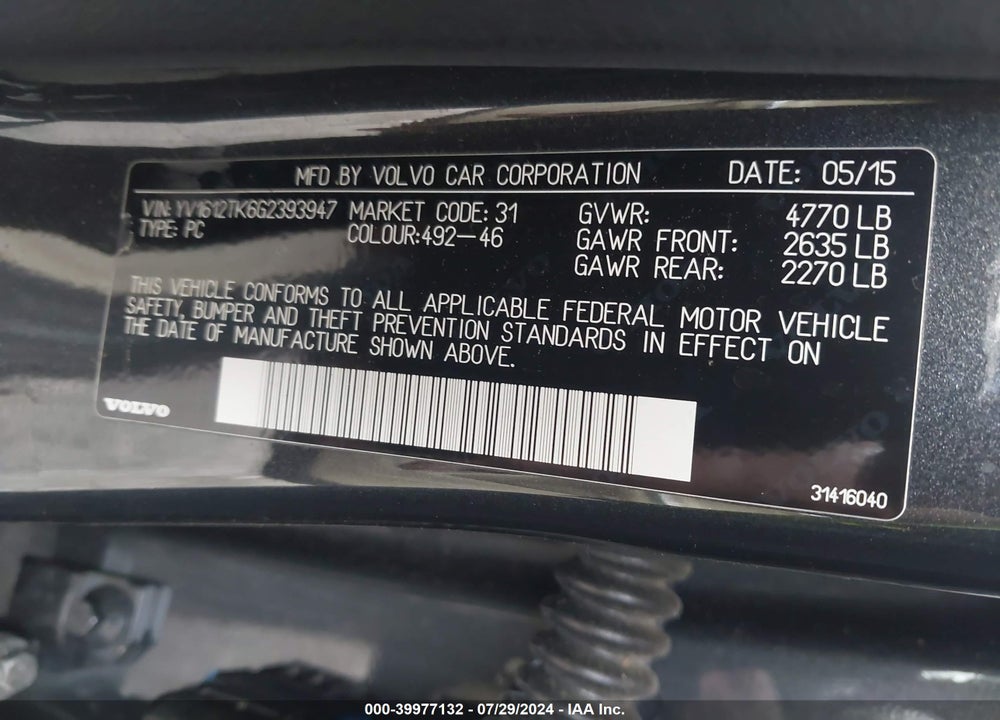 2016 VOLVO S60 T5 PREMIER VIN: YV1612TK6G2393947
