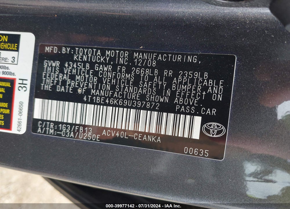2009 TOYOTA CAMRY LE VIN: 4T1BE46K69U397872