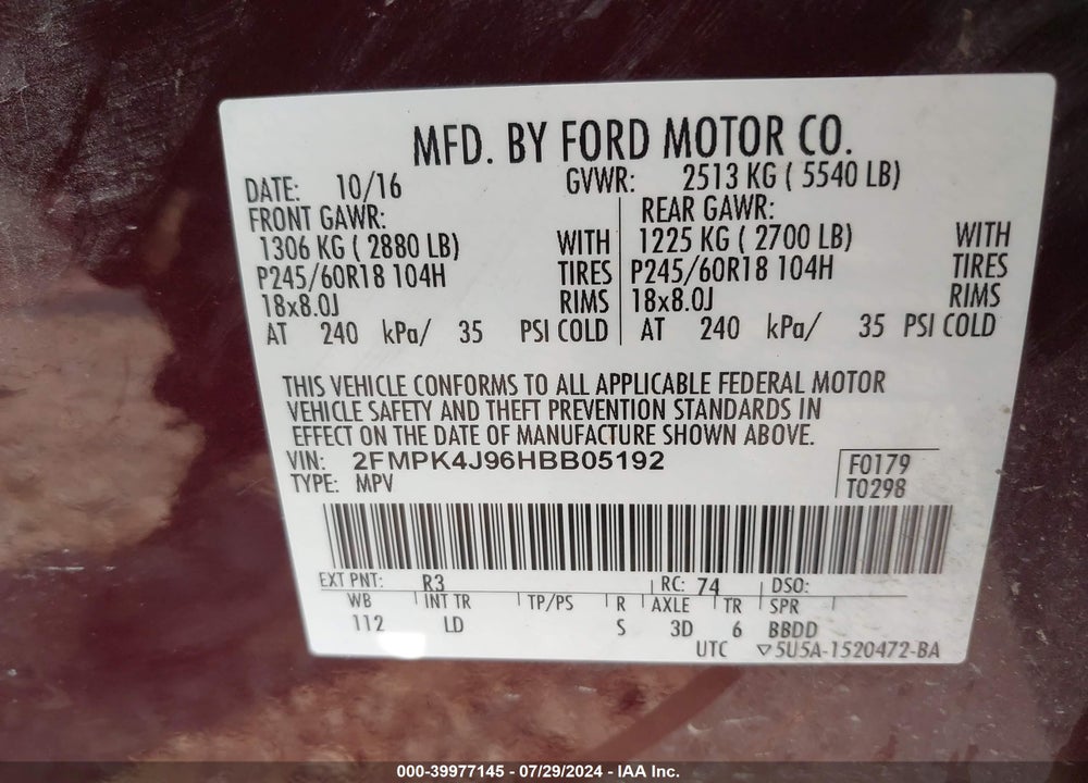 2017 FORD EDGE SEL VIN: 2FMPK4J96HBB05192