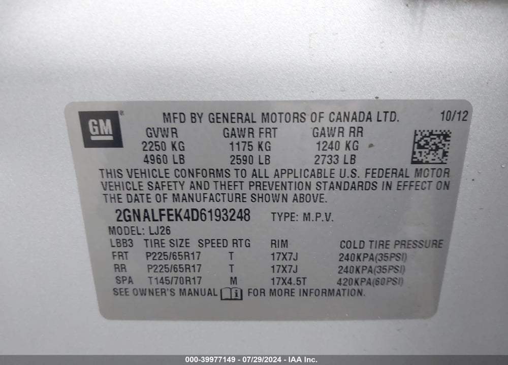 2013 CHEVROLET EQUINOX LTZ VIN: 2GNALFEK4D6193248