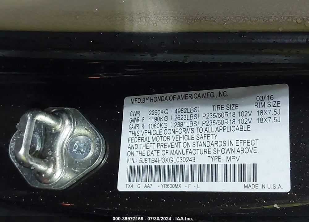 2016 ACURA RDX WATCH PLUS PACKAGE VIN: 5J8TB4H3XGL030243