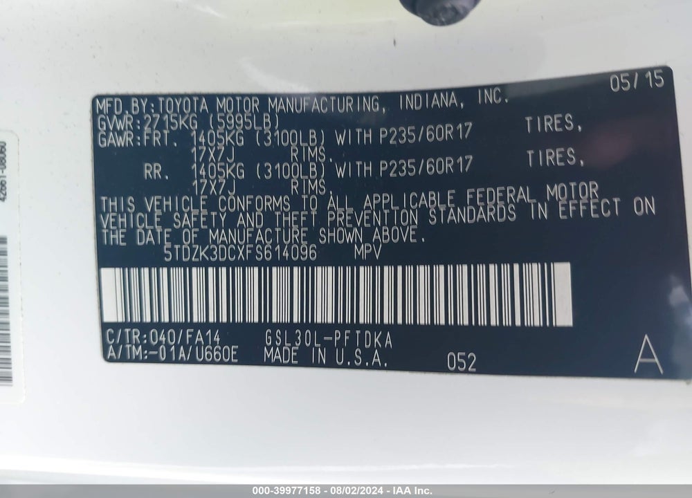 2015 TOYOTA SIENNA L 7 PASSENGER VIN: 5TDZK3DCXFS614096