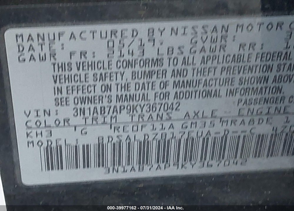 2019 NISSAN SENTRA SV VIN: 3N1AB7AP9KY367042