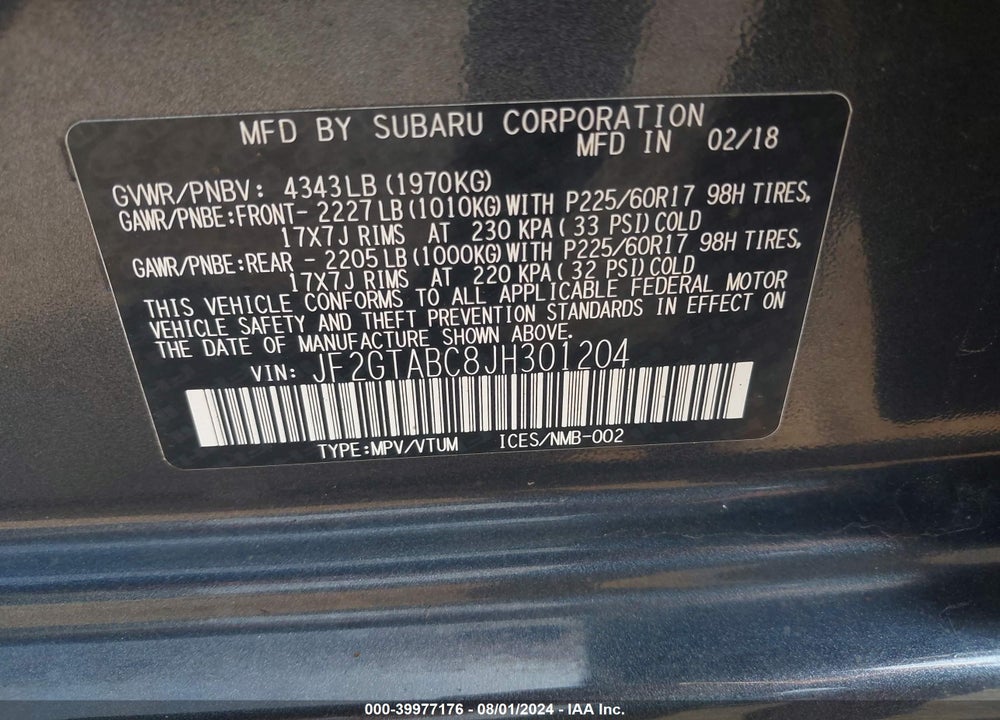 2018 SUBARU CROSSTREK 2.0I PREMIUM VIN: JF2GTABC8JH301204