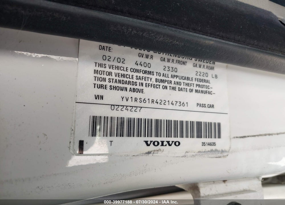 2002 VOLVO S60 2.4 VIN: YV1RS61R422147361