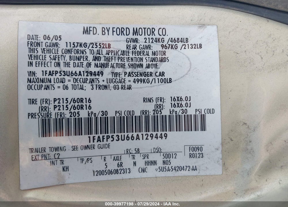 2006 FORD TAURUS SE VIN: 1FAFP53U66A129449