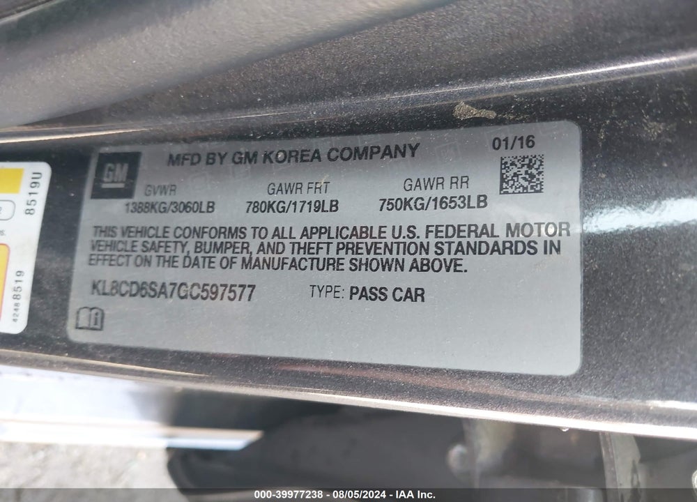 2016 CHEVROLET SPARK 1LT CVT VIN: KL8CD6SA7GC597577