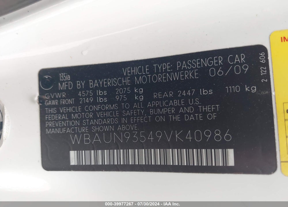 2009 BMW 135I VIN: WBAUN93549VK40986