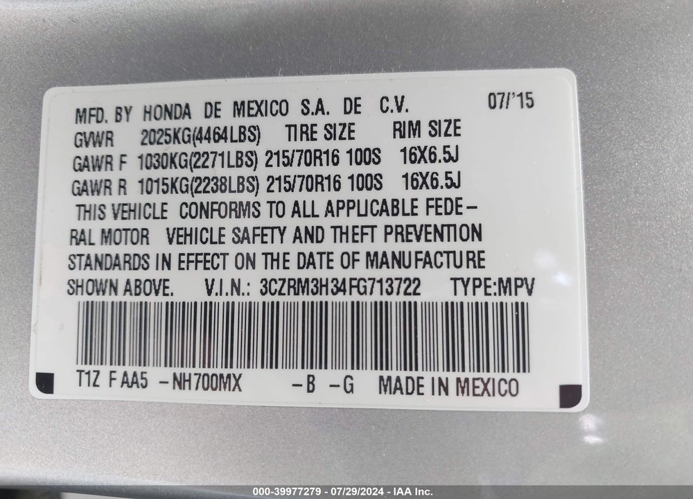 2015 HONDA CR-V LX VIN: 3CZRM3H34FG713722