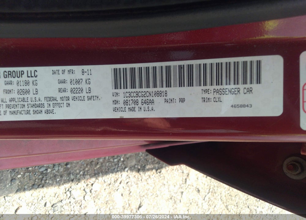 2012 CHRYSLER 200 LIMITED VIN: 1C3CCBCG2CN108818