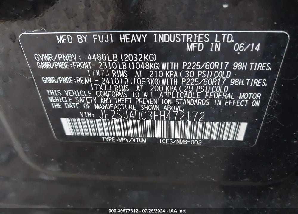 2015 SUBARU FORESTER 2.5I PREMIUM VIN: JF2SJADC3FH472172