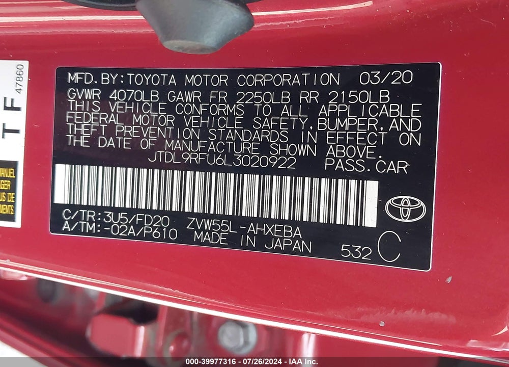 2020 TOYOTA PRIUS LE AWD-E VIN: JTDL9RFU6L3020922