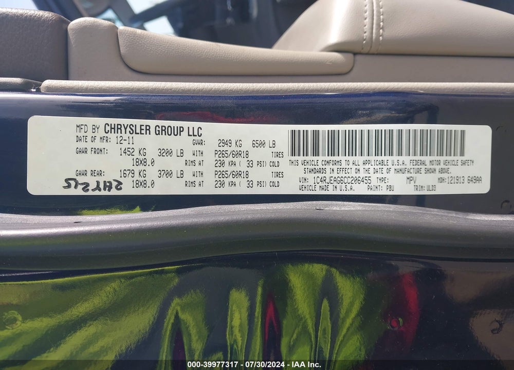 2012 CHEROKEE JEEP GRAND  LAREDO VIN: 1C4RJEAG6CC206455