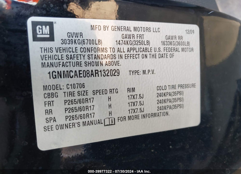 2010 CHEVROLET TAHOE LS VIN: 1GNMCAE08AR132029