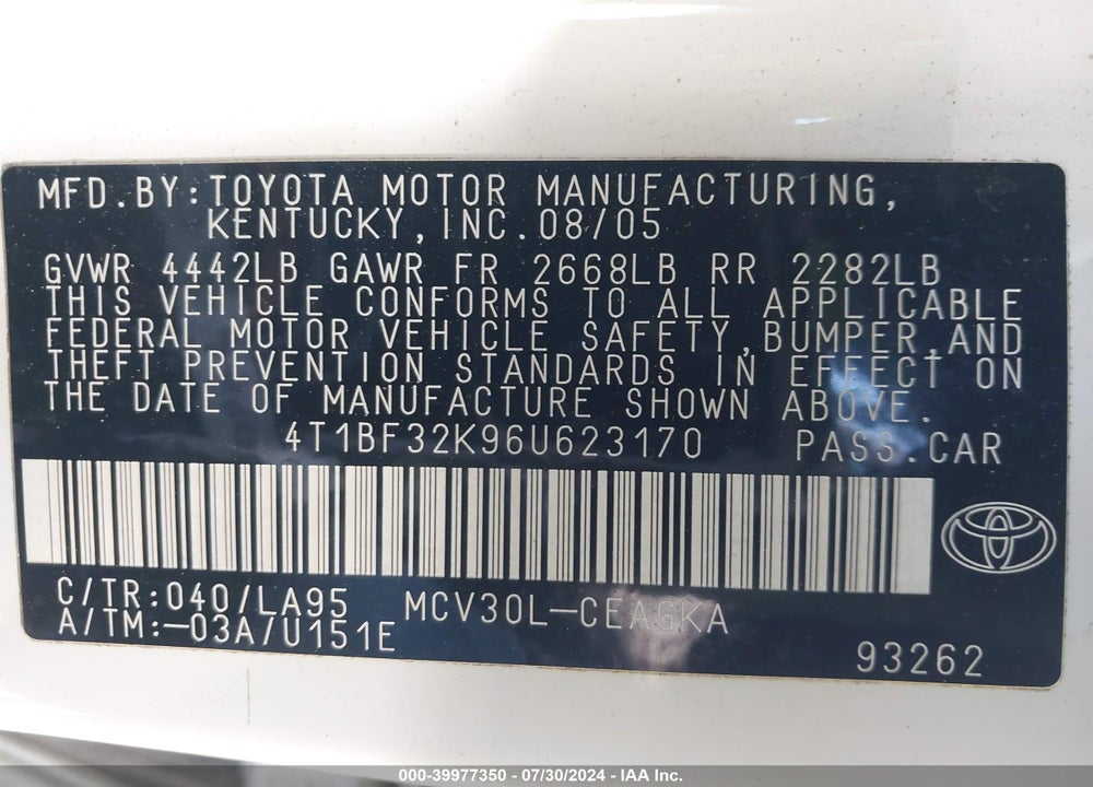 2006 TOYOTA CAMRY LE V6/XLE V6 VIN: 4T1BF32K96U623170