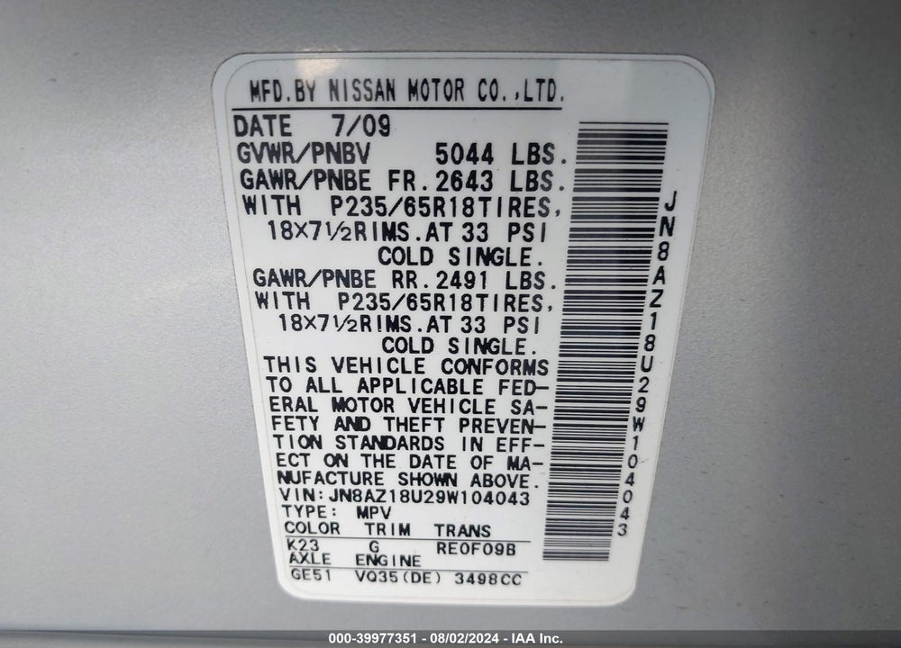 2009 NISSAN MURANO SL VIN: JN8AZ18U29W104043