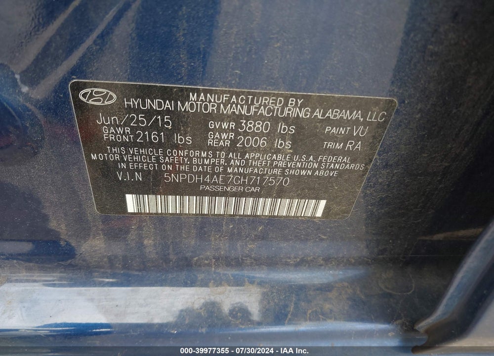 2016 HYUNDAI ELANTRA SE VIN: 5NPDH4AE7GH717570