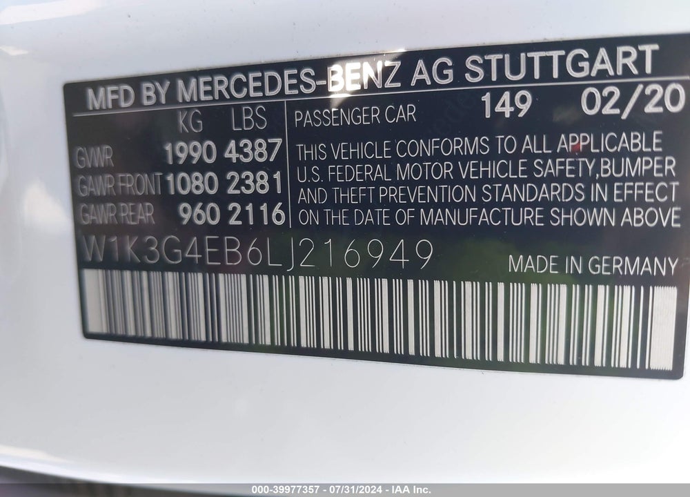 2020 MERCEDES-BENZ A 220 VIN: W1K3G4EB6LJ216949