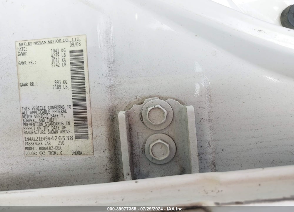 2009 NISSAN ALTIMA 2.5 S VIN: 1N4AL21E49N426538