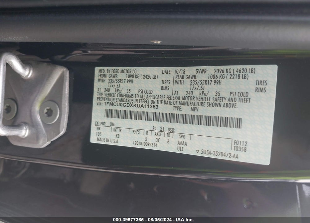 2019 FORD ESCAPE SE VIN: 1FMCU0GDXKUA11363