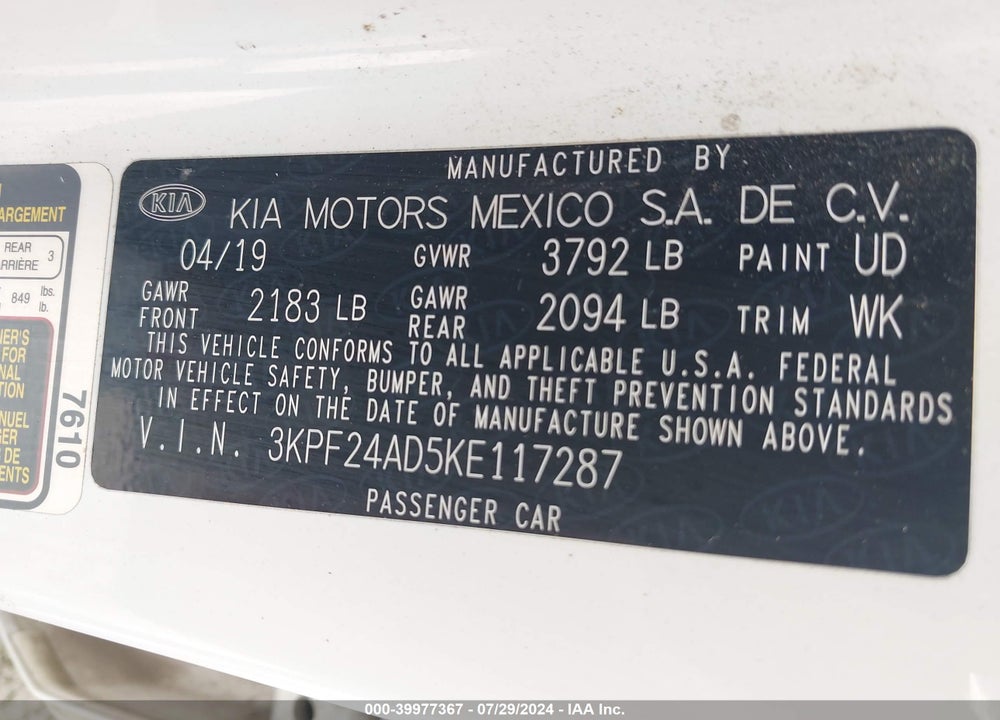 2019 KIA FORTE LXS VIN: 3KPF24AD5KE117287