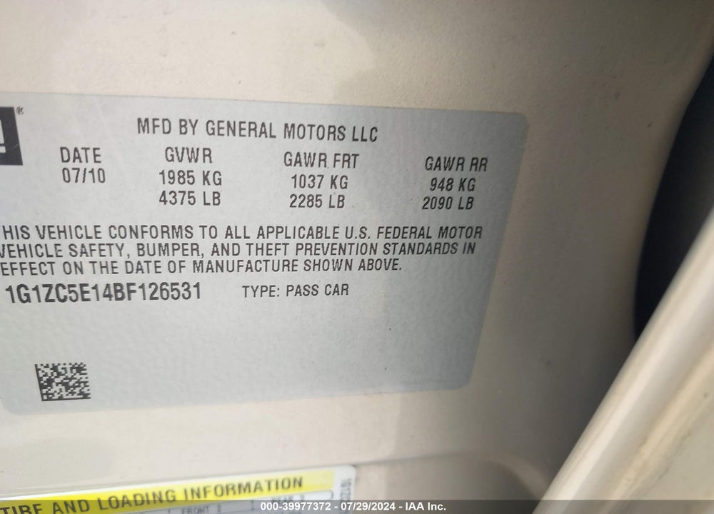 2011 CHEVROLET MALIBU 1LT VIN: 1G1ZC5E14BF126531