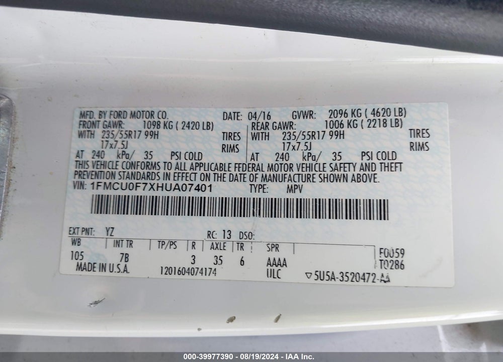 2017 FORD ESCAPE S VIN: 1FMCU0F7XHUA07401