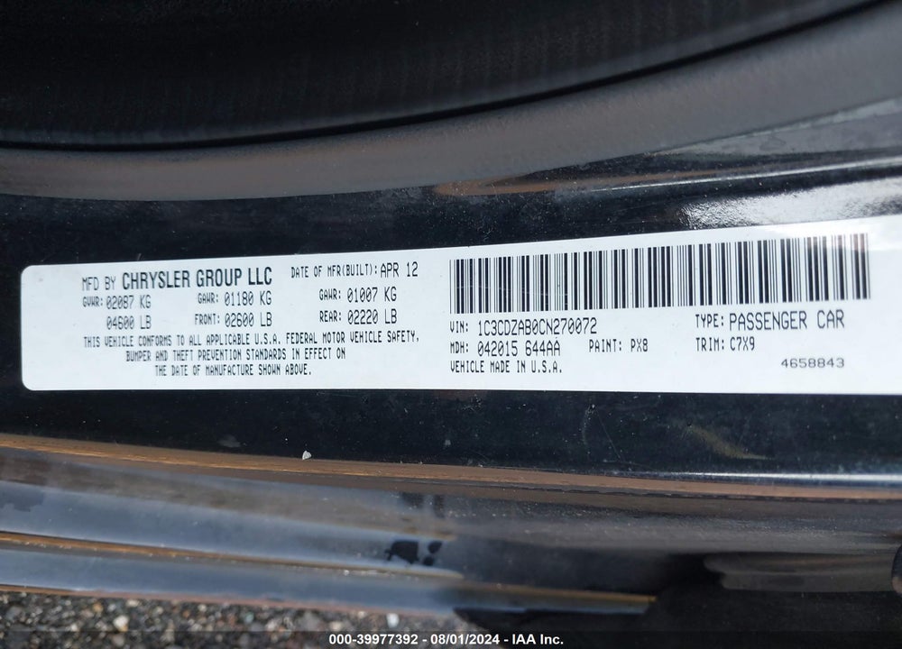2012 DODGE AVENGER SE VIN: 1C3CDZAB0CN270072