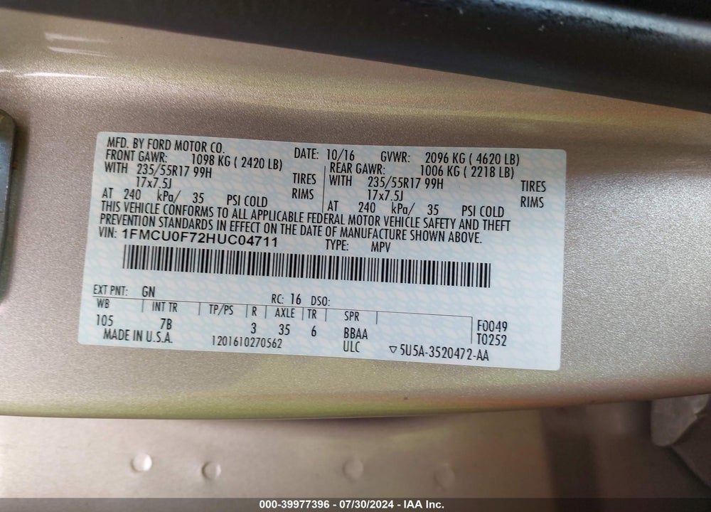 2017 FORD ESCAPE S VIN: 1FMCU0F72HUC04711